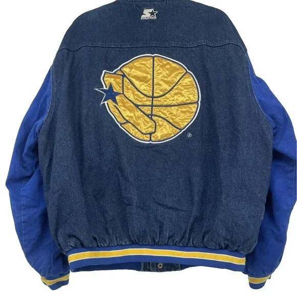 Rare VTG 90s Starter NBA Varsity Golden State Warriors Denim Jean Jacket Quilted - Picture 3 of 14